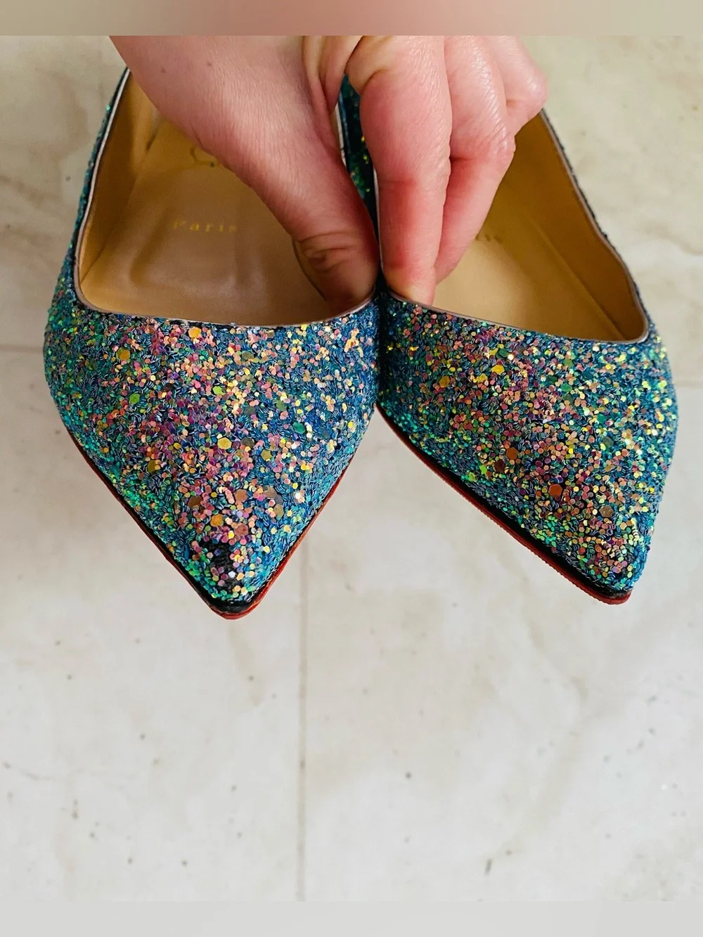 Christian Louboutin Kate Multicolor Blue Glitter Pointed Toe Ballet Flats Sz 6.5